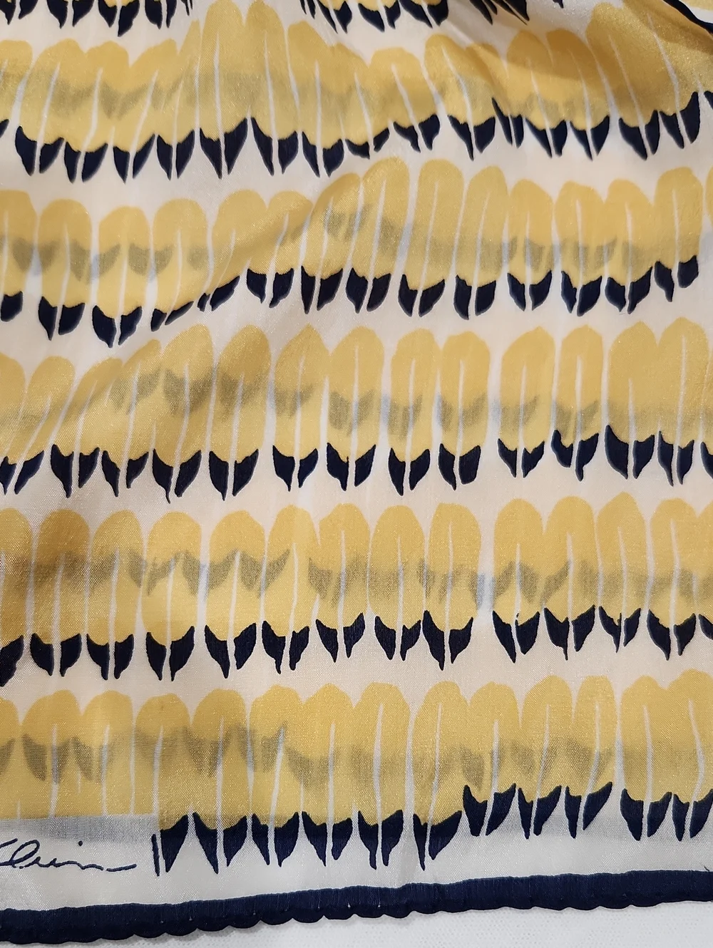 Anne Klein Yellow and Navy Abstract Stripe Silk Scarf with Navy Trim Size 53x10